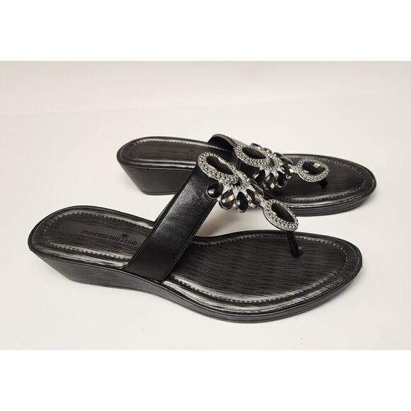 Montego Bay Club T Strap Black Heel Wedge Sandals Shoes Size US 7 - Picture 5 of 10